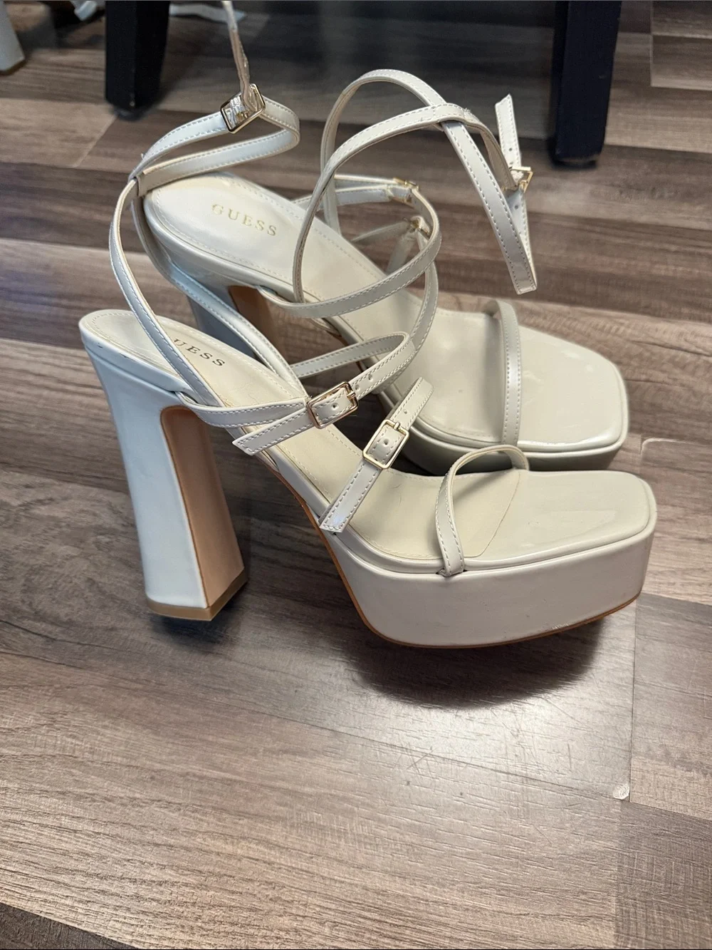 GUESS Cream White Strappy Platform Heels